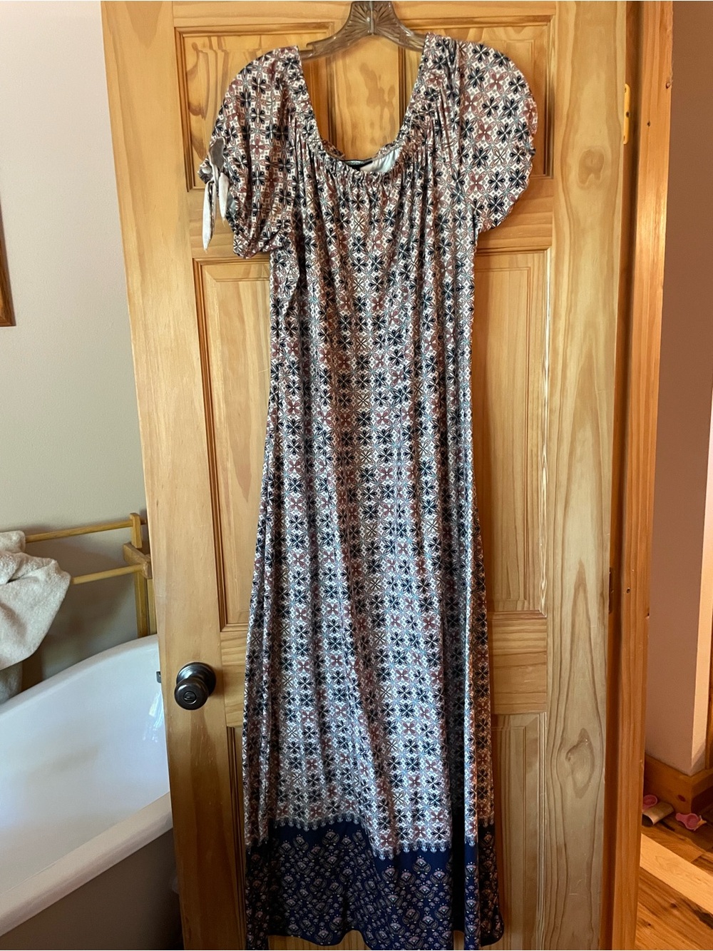 Allison Brittney Navy and Cream Printed Maxi Dress